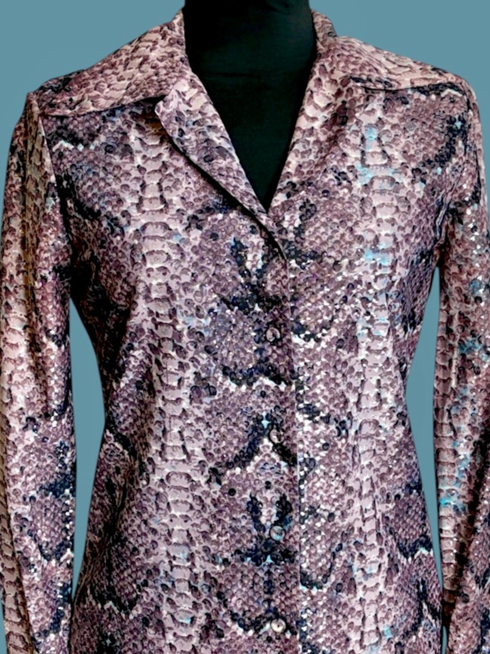 Vintage Buttton Down Disco Snakeskin Shimmer Top Dagger Collar 70s 80s